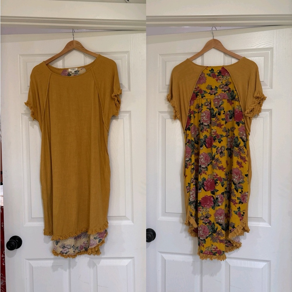 Umgee Mustard Yellow Floral-Back Short Sleeve Shift Dress